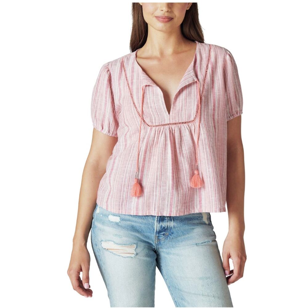Lucky Brand Open Neck Peasant Blouse in Pink Stripe, size L